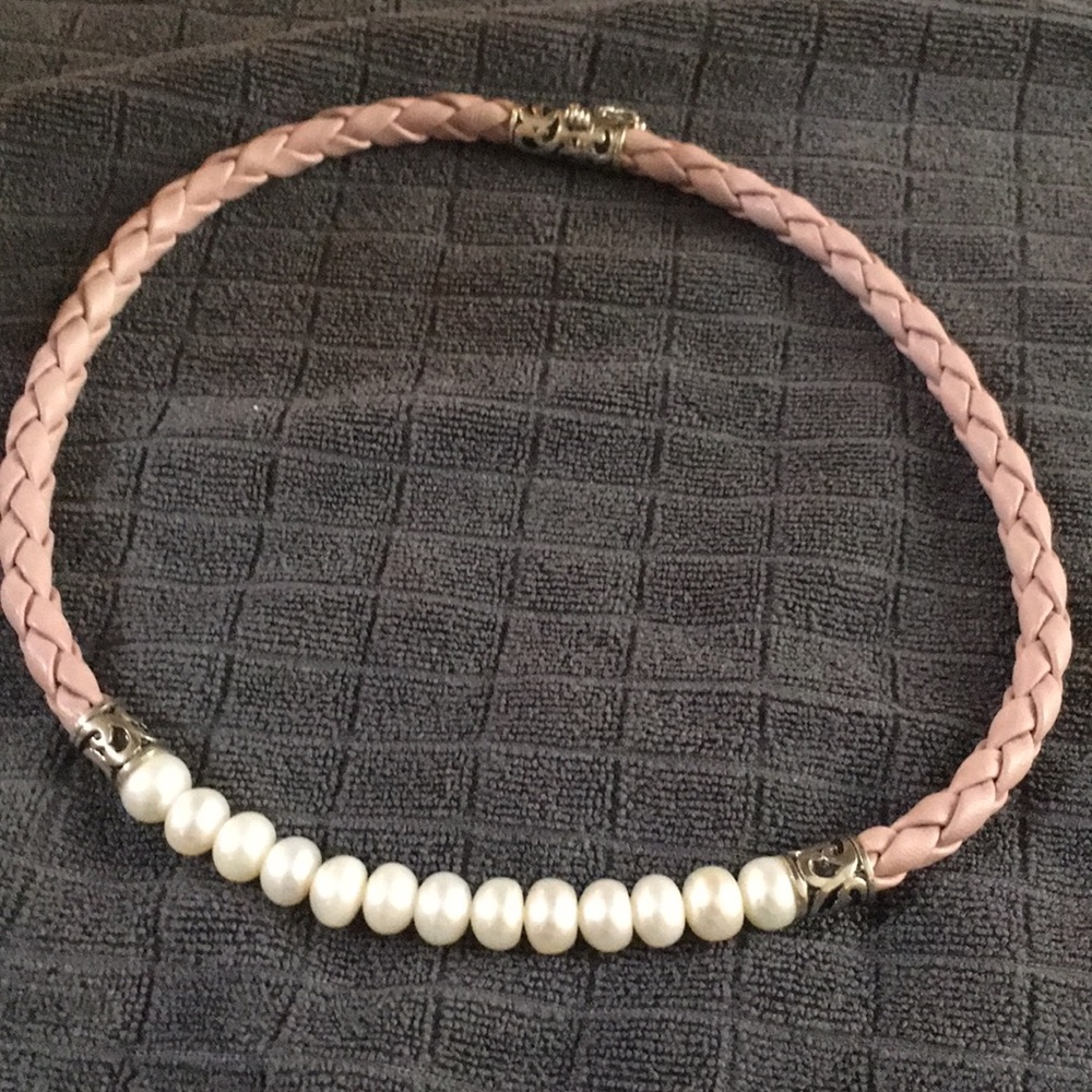Honora leather and pearl necklace. Pink leather.